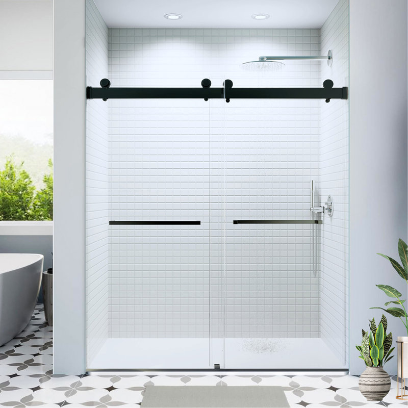 56-60*76 INCH Double Sliding Frameless Soft-Close Shower Door with Premium  (8mm)Thick Tampered Glass and Easy-Cleaning Coating In Matte Black