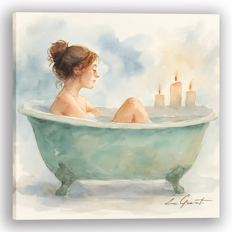 «Tranquil Glow», aquarelle, femme dans une baignoire aux chandelles, art mural sur toile, H 20 po x l 20 po