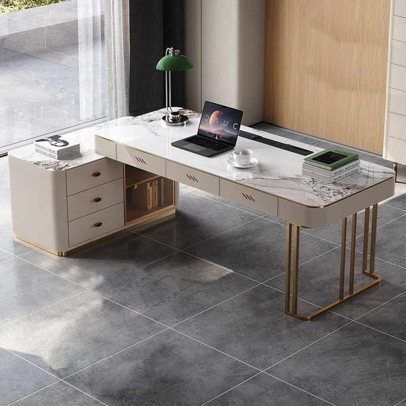 Bureau rectangulaire blanc / blanc + bois doré + bois manufacturé + Barenia avec 6 tiroirs