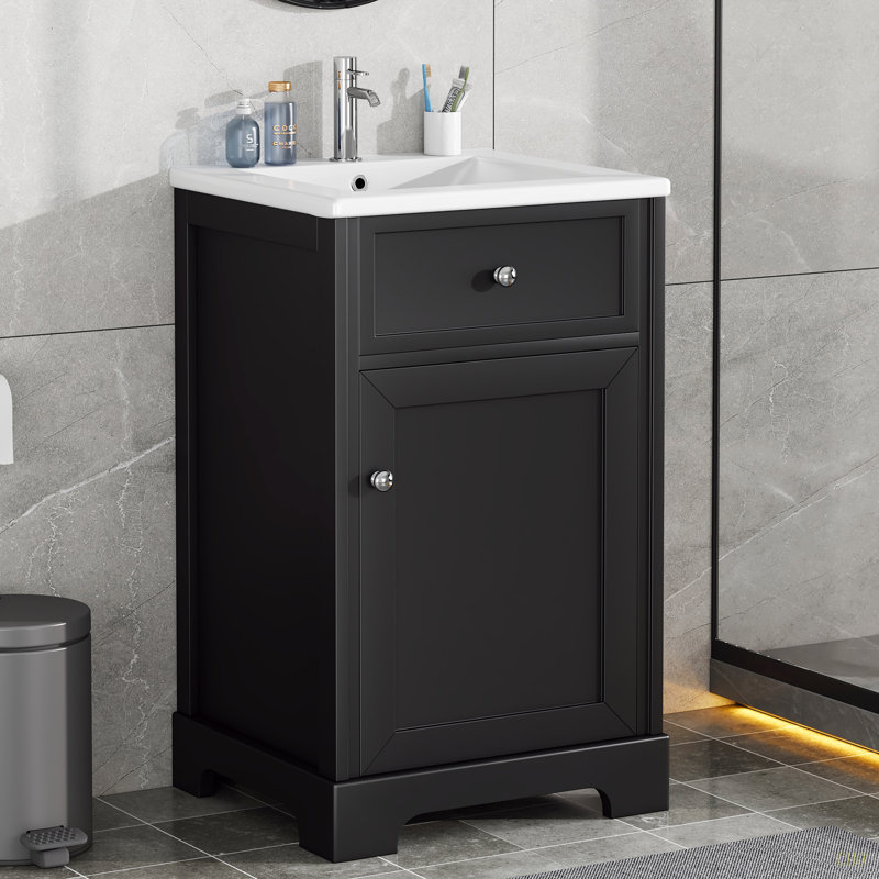 Meuble-lavabo de 20 po avec lavabo, armoire de salle de bain avec porte à fermeture douce, support de rangement et tablette réglable