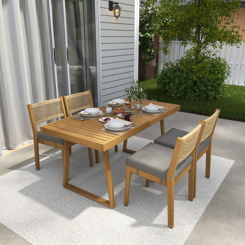 4-Person Rectangle Solid Wood Outdoor Patio Dining Set With Thick Cushions, Gray