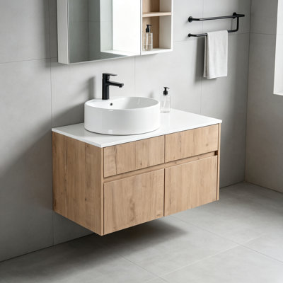 Meuble-lavabo suspendu de 81 cm (32 pouces) de couleur beige, structure en contreplaqué avec lavabo en céramique décorative, 2 portes à fermeture douce et un tiroir pour salle de bain moderne.