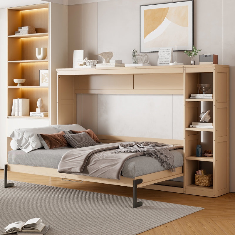 Lit escamotable double avec bibliothèque, naturel, Lit double, Naturel