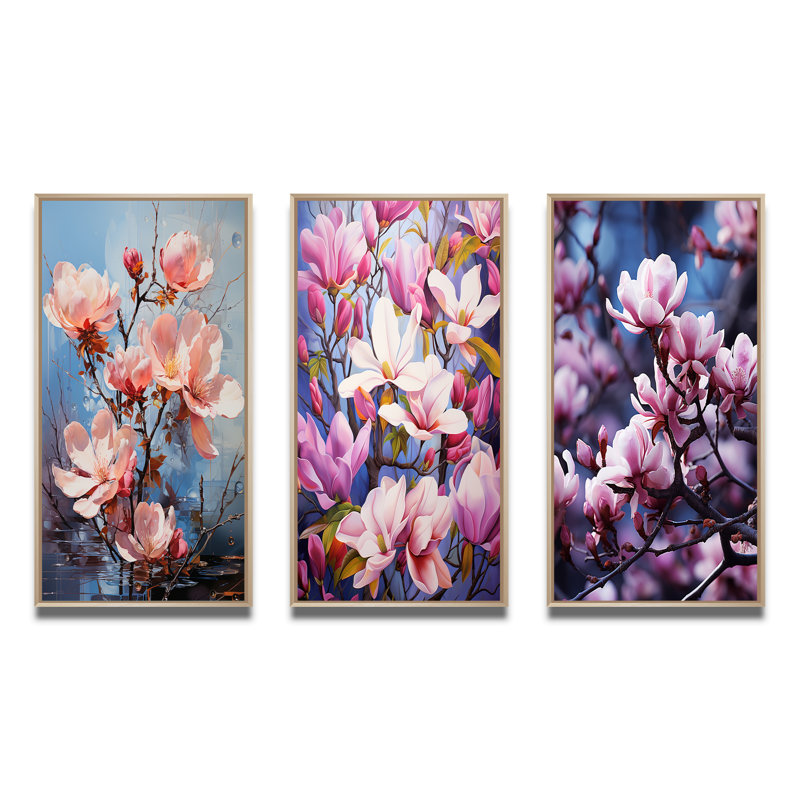 Magnolias, ensemble de 3 pièces d'art acrylique multicolore, H 32 po x l 48 po, Cadre naturel flottant