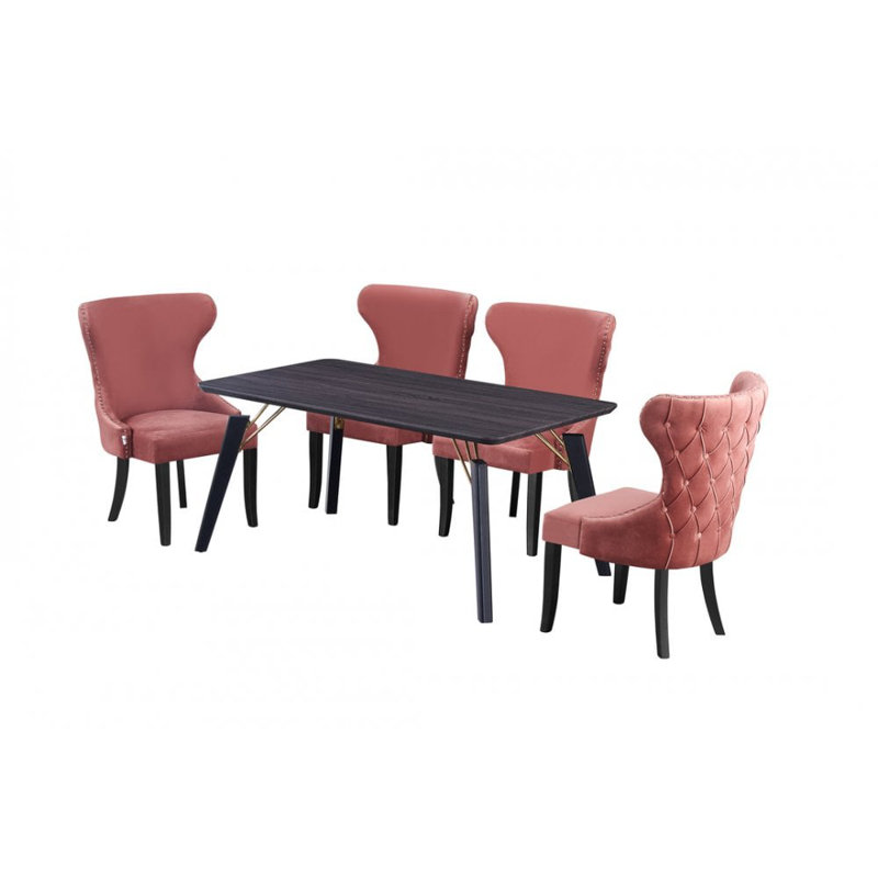 Bootle 4 Person Dining set - a Rectangular Wooden Dining Table with Metal Legs and a Set of 4 Quilted Velvet Dining Chairs for Dining Room - Modern Dining Table Set