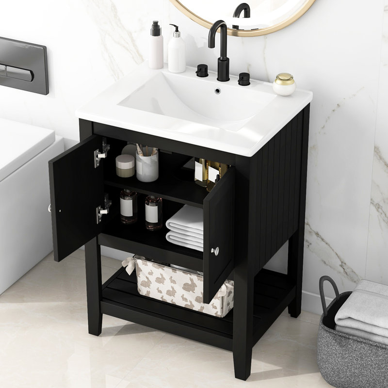 Armoire de salle de bain noire avec meuble-lavabo en céramique et bois massif 24 po, Noir