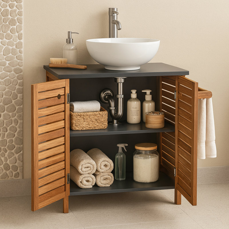 Brown and Grey Under Sink Cabinet with U-Shaped Cut-Out, Double Vented Doors, Towel Holder - Elements Collection