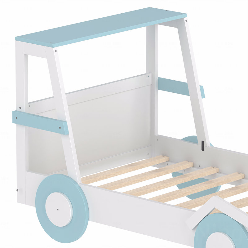 Twin Size Car Bed Frame With Storage Function Shelves, Kids Platform Bed Frame With Cute Car-Shape, Childlike Style Design, Blue And  In White Finish