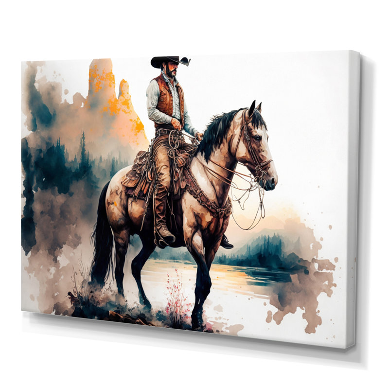 Western Cowboy Riding a Horse I - peinture sur toile, H 30 po x l 40 po x P 1,5 po, Toile tendue