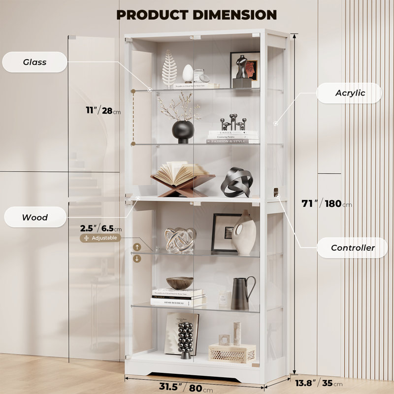 Vitrine Brottar avec porte vitrée, armoire vitrée avec éclairage 3 couleurs pour objets de collection, vitrine avec tablettes en verre réglables, capteur de corps humain, armoire de rangement multifonctionnelle, blanc