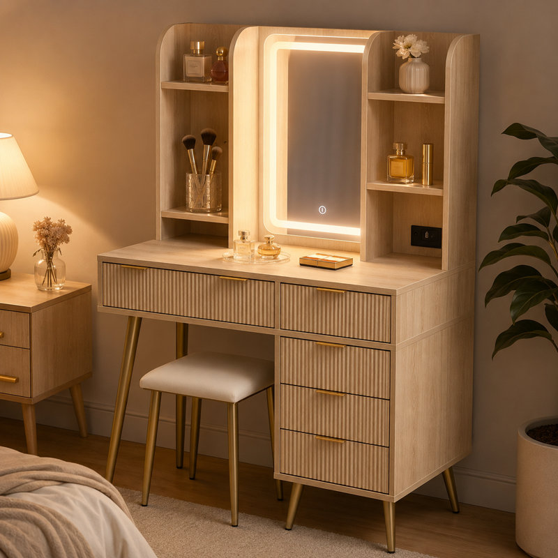Ensemble de coiffeuse avec miroir lumineux à DEL et prise de courant, bureau de coiffeuse cannelé à 5 tiroirs avec tablettes de rangement ouvertes et tabouret rembourré, station de maquillage pour chambre à coucher moderne en bois clair