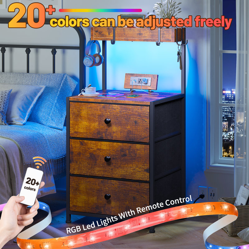 Tall Nightstand With Charging Station And Led Lights Nightstand With 3 Drawers And Shelves Bedside Table With Usb Ports And Outlets（set of 2）