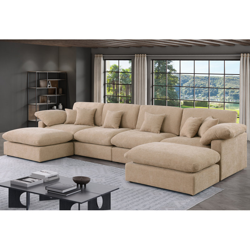 Canapé modulaire en forme de U de 6 pièces de 155,7 po avec repose-pieds amovible, Chenille chameau