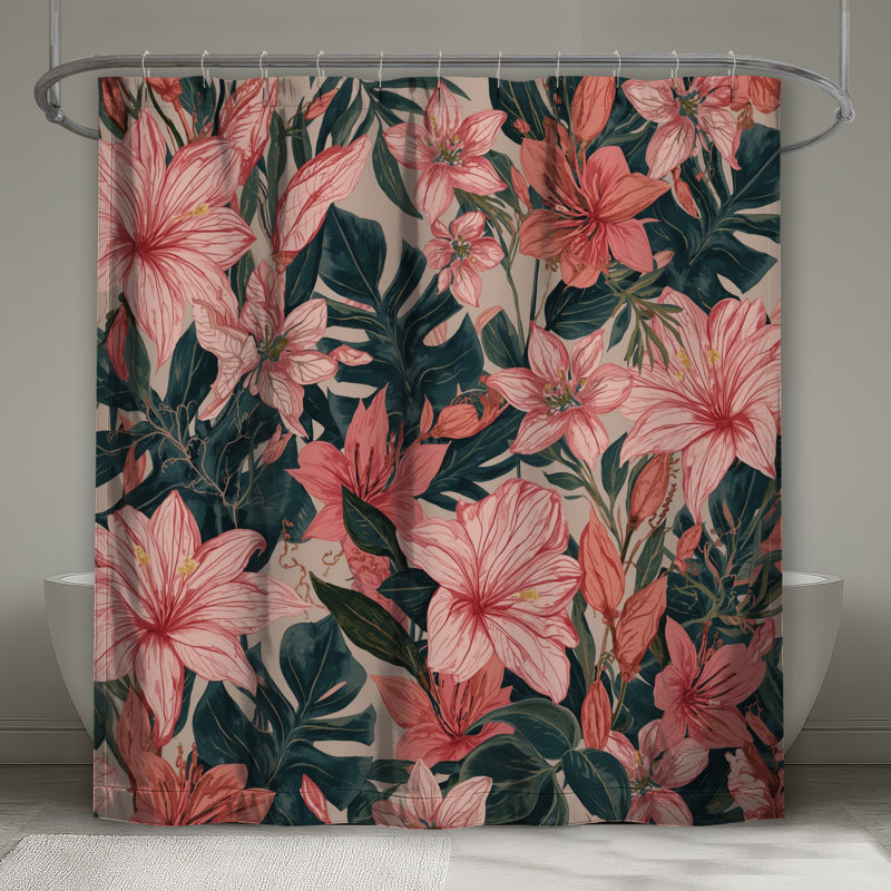 Rideau de douche rose fleurs tropicales extra long, L 70 po x H 93 po