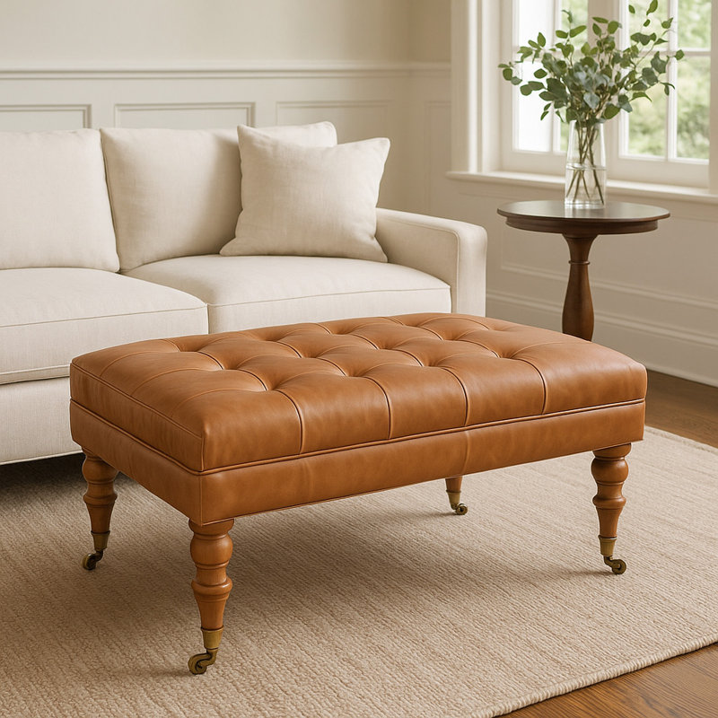 Seza Upholstered Ottoman, Light Brown, Oak