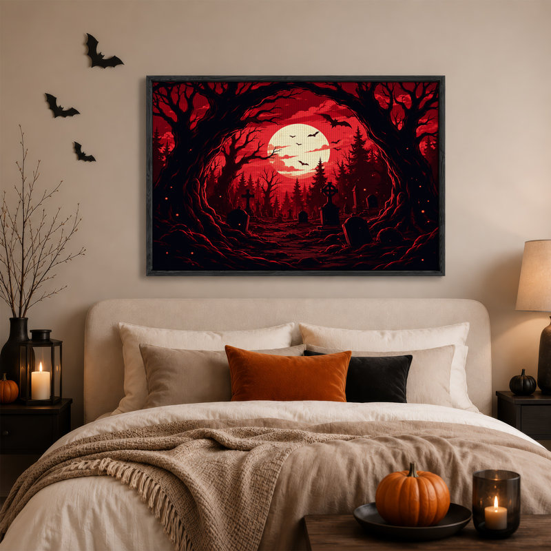 Cimetière sombre avec pleine lune et chauves-souris sous une toile rouge d'Halloween, 18"H x 24"W