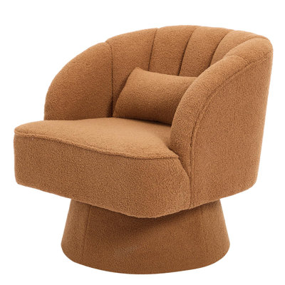 Brown Teddy Fabric Swivel Accent Chair, 360° Barrel Chair with Pillow, 27.6x27.6x27.6 Inch