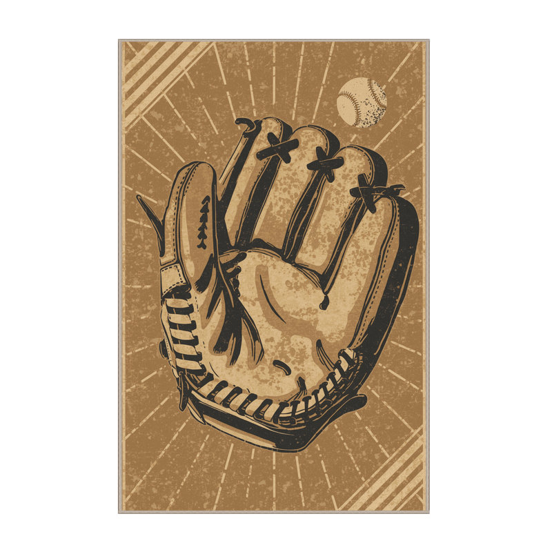 Machine Washable Paxton Baseball Glove Catch Vintage Vintage Look Rug in Brown – Beige Binding, 5x7