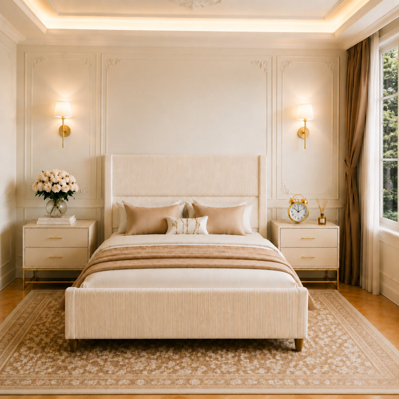 Structure de lit double, tête de lit rembourrée, lit luxueux à base épaisse, avec rayures verticales à oreilles très hautes, lattes et pieds robustes en bois massif, aucun sommier requis, beige