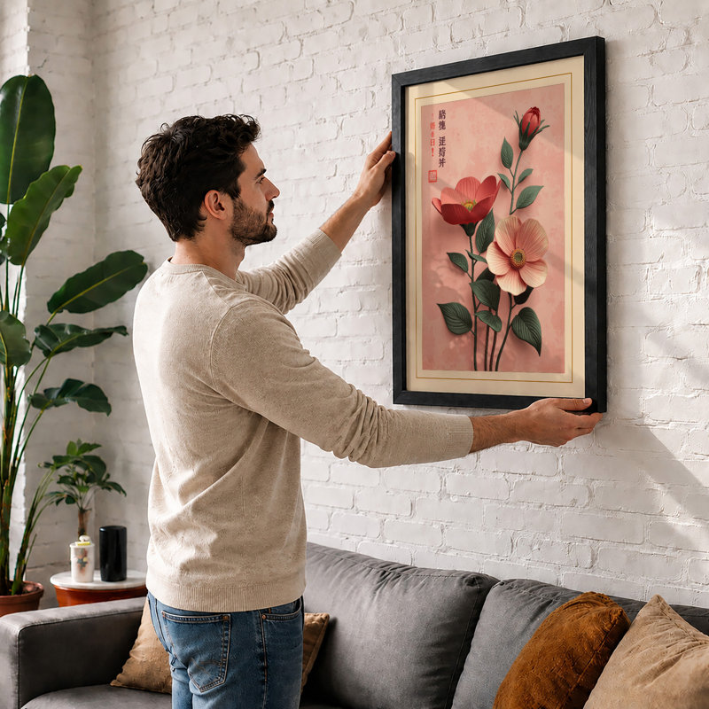 Three Flowering Stems Japandi - Framed Print, A1 - 84.1 x 59.4 cm, Oak