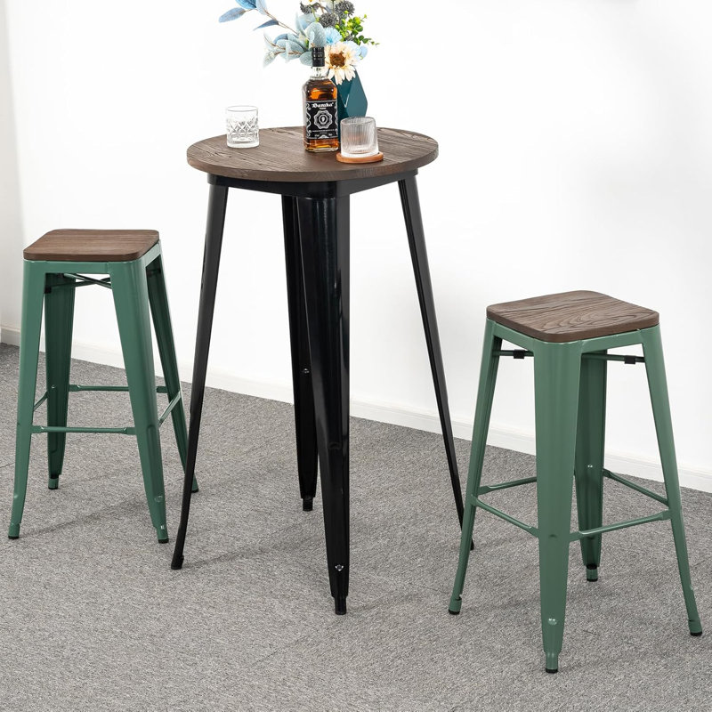 Metal Bar Stools With Square Solid Elm Wood Seat Top, Backless Stackable Industrial Barstools Set Of 2