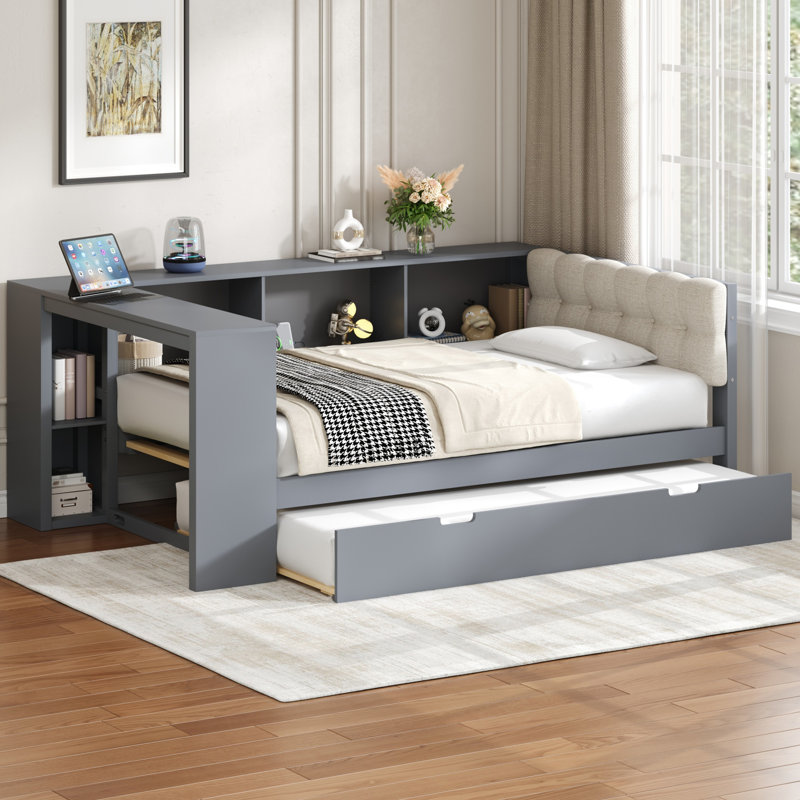 Lit plateforme simple avec rangement en bois et lit gigogne, station de charge et tête de lit tapissier, Lit simple, Gris