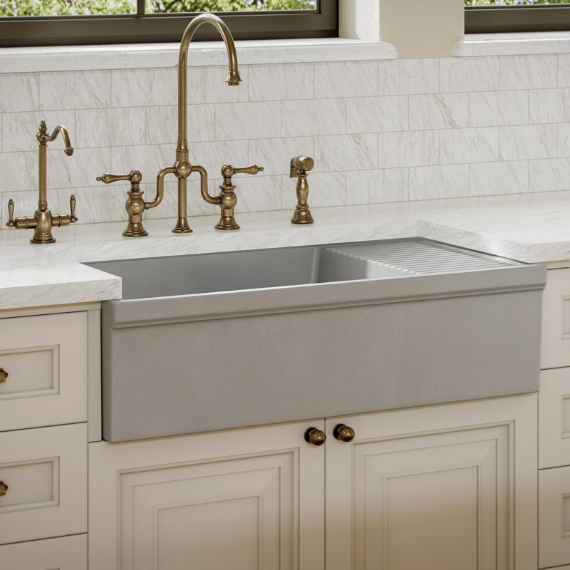 Fireclay Reversible Sink with Integral Drainboard and Decorative 2 ½" Lip on Both Sides, Matte Light Cement