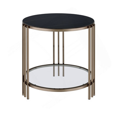 End Table, Sintered Stone & Champagne Finish, Durable And Stylish For Modern Living Rooms And Bedrooms