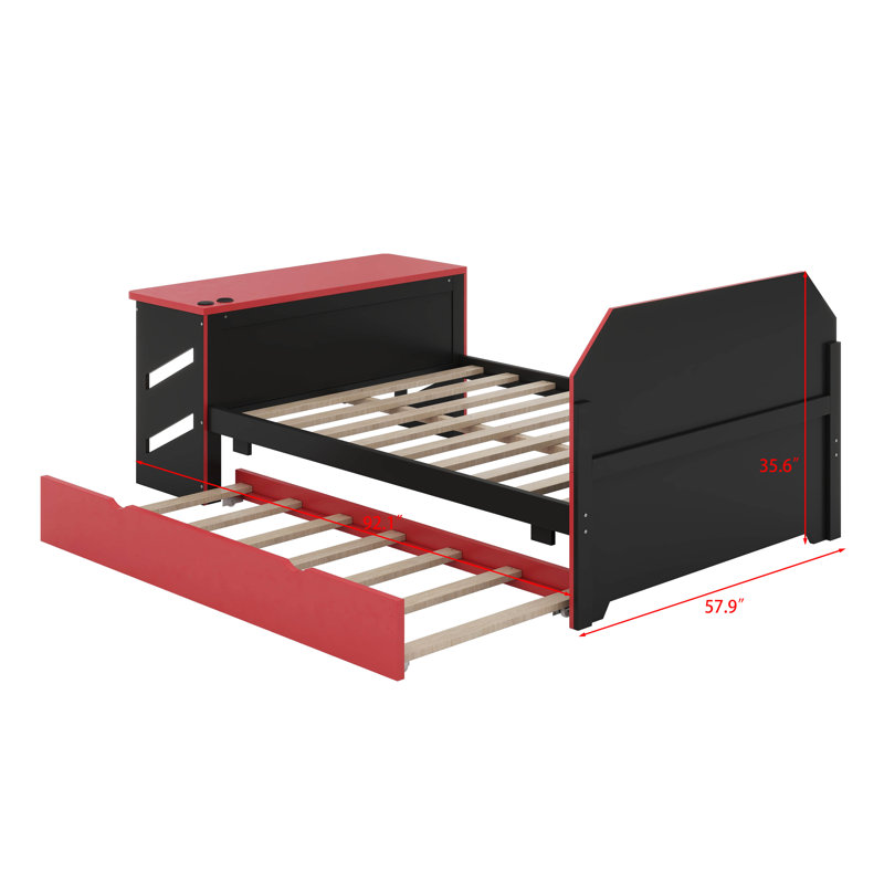 Lit de jour double en bois avec lit gigogne simple, cadre de lit de jour extensible avec bureau, lit de jour extensible inspiré du jeu avec lit gigogne