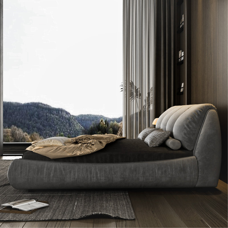 Très grand lit plateforme moderne avec structure en bois massif et en tissu gris non rembourré, Très grand lit, Gris