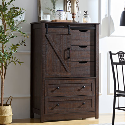 48"w Farmhouse Dresser With Sliding Barn Door - 5-drawer Storage Chest For Bedroom