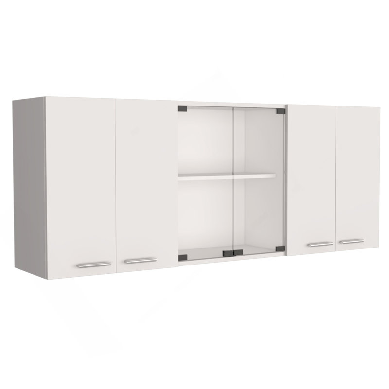 Armoire murale H 24 po, quatre portes, avec deux tablettes internes et plaque interne et organisateur en verre, deux tablettes de rangement avec deux portes en verre, blanc