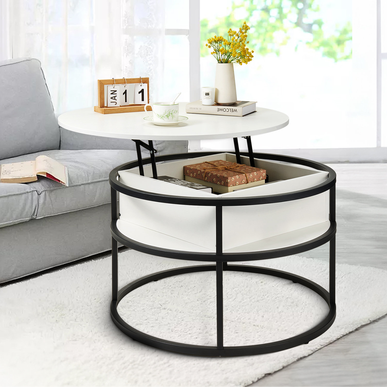 Hasita Lift Top & Slide Out Coffee Table with Storage George Oliver Table Base Color: Black, Table Top Color: White