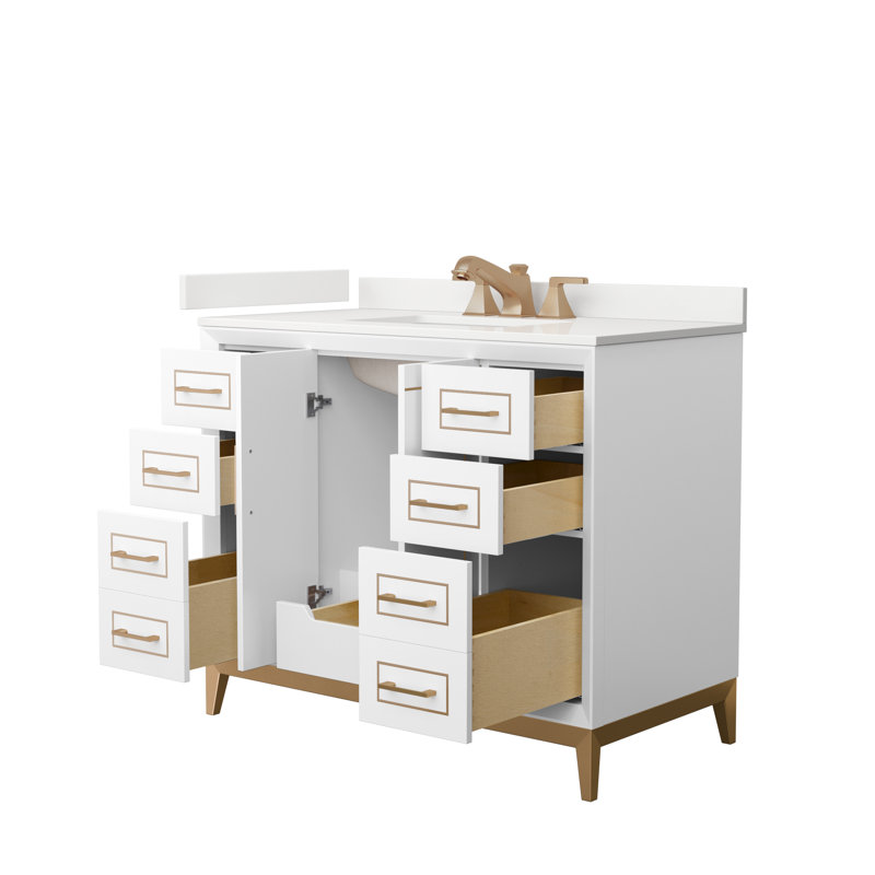 Meuble-lavabo sur pied simple avec comptoir en quartz 42 po Marlena, WDX13298, Blanc, Nickel brossé