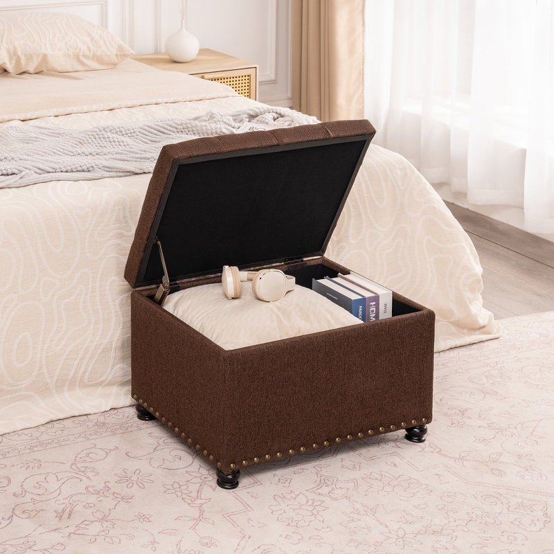 Milana Upholstered Ottoman, Dark Brown Linen