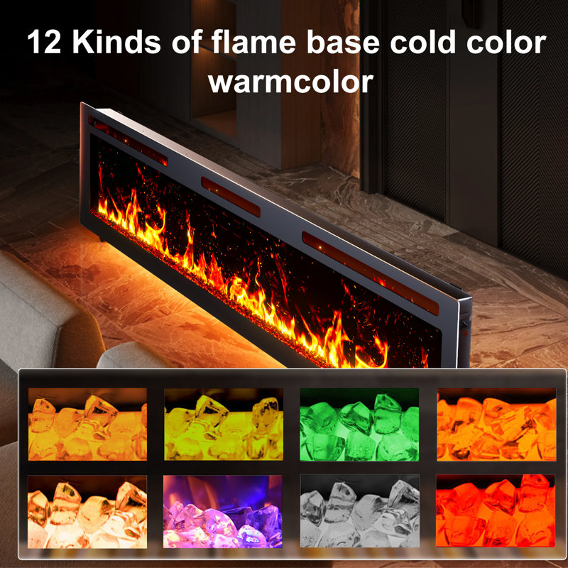 Foyer électrique encastré et fixé au mur avec flamme de couleur réglable, foyer chauffant avec télécommande, foyer linéaire avec minuterie, écran tactile, 750 / 1500w (72 pouces)