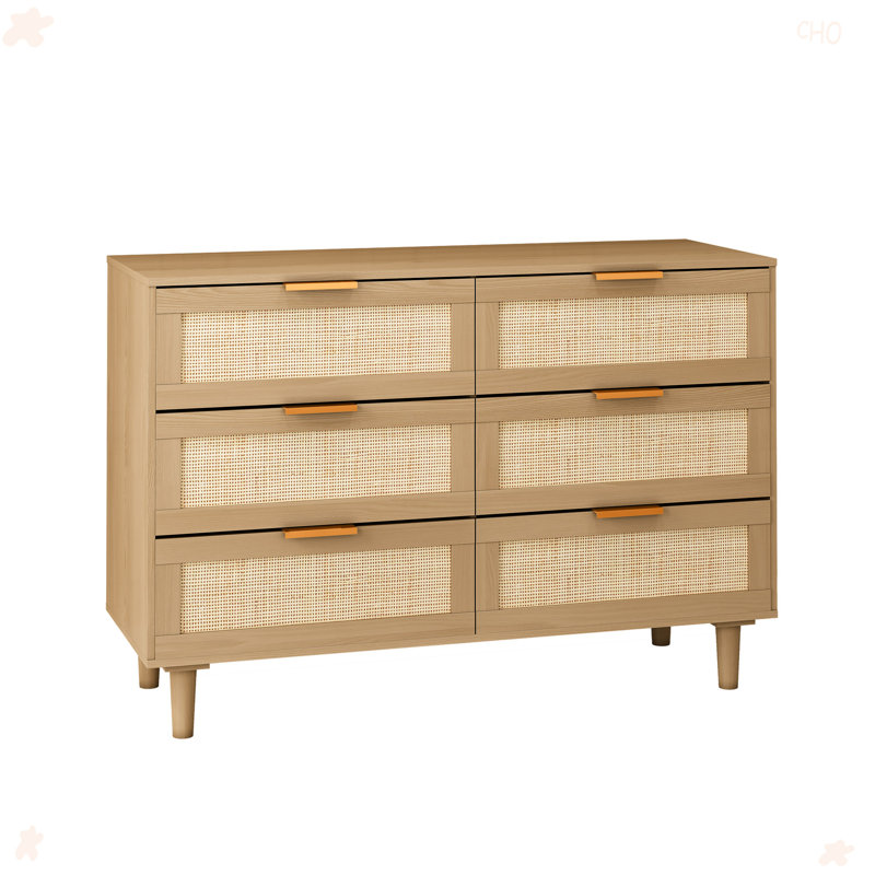 6 Drawers Rattan Dresser Rattan Drawer, Bedroom,Living Room, Oak