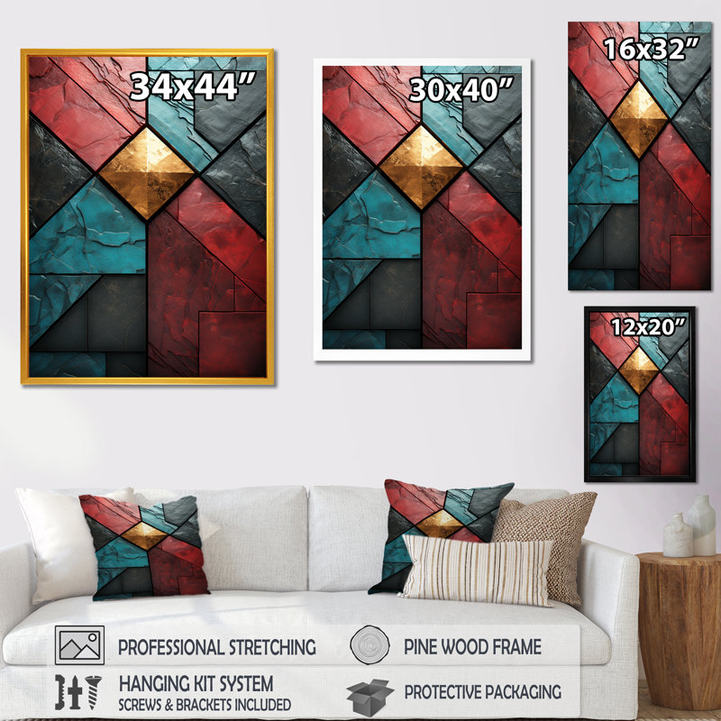 Carreaux à chevrons bleus et rouges Elegance III - art mural abstrait, Cadre flottant noir, H 32 po x l 24 po x P 1 po