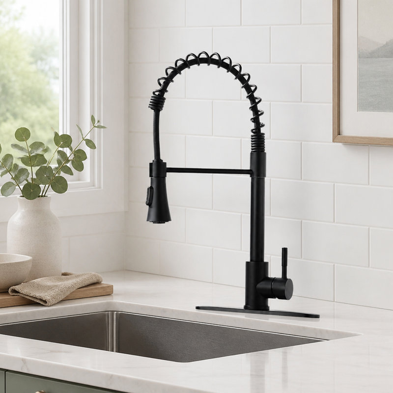 Robinet d'évier de cuisine commercial avec plaque de pont, noir mat, pivotant à 360 degrés et douchette à double fonction pour plus d'efficacité