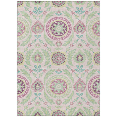 5' X 8' Mauve Floral Washable Indoor Outdoor Area Rug