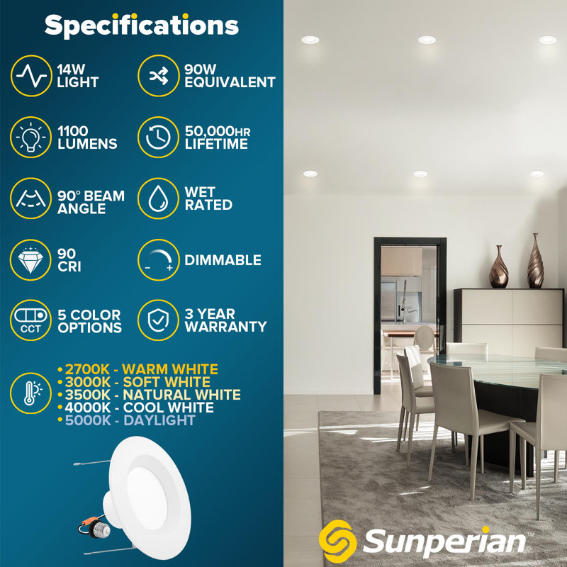 Sunperian 5/6" Recessed LED Can Lights, 5 Colour Options, 14W=90W, 1100 Lumens, Dimmable, Wet Rated, IC Rated, ETL Listed 6 Pack