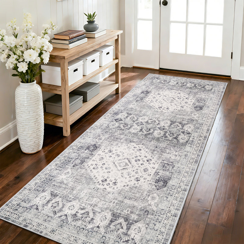 3x6 Kitchen Runner Rug Washable - Vintage Wide Hallway Carpet with Non Slip Backing Machine Woven Stain Resistant Bedroom Rugs Distressed Home Decor Floor Mat for Bathroom Laundry (Grey,3x6)