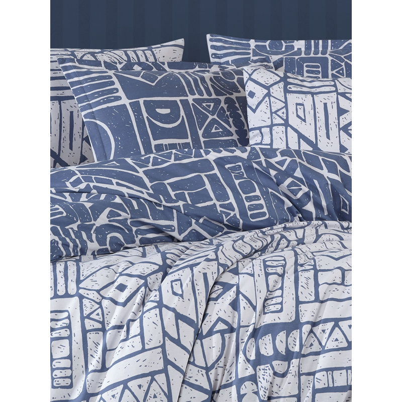3 Pieces  Navy Blue  Geometric Pattern Modern Double Face 100% Cotton Duvet Cover Set, King Duvet Cover + 2 Shams