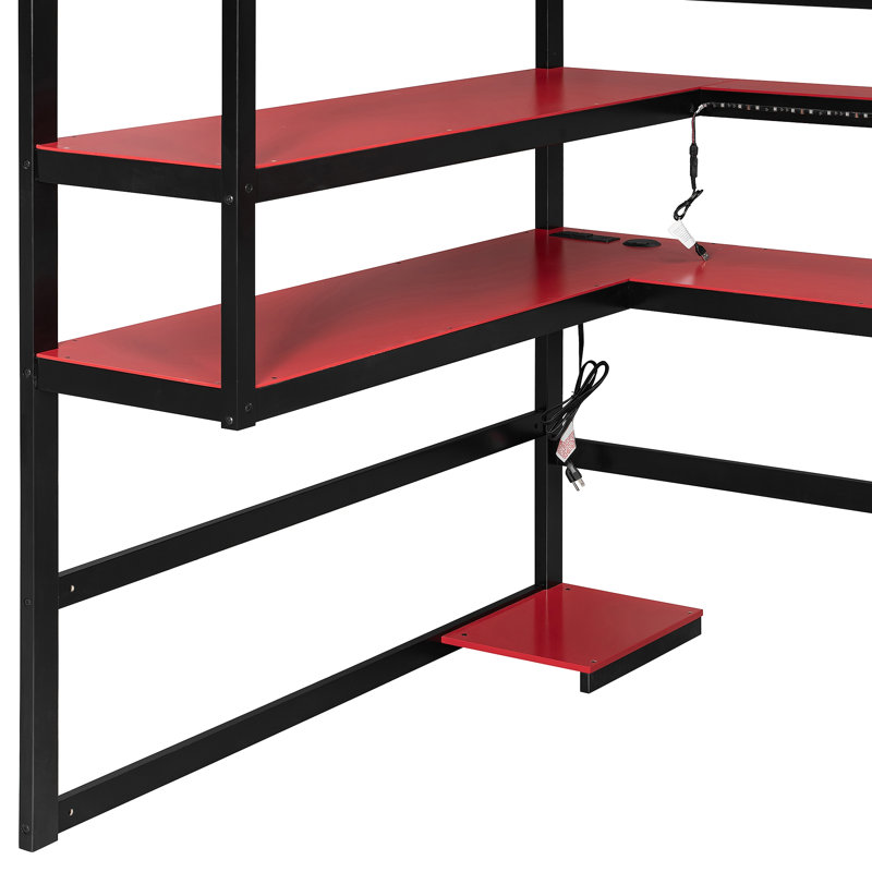 Lit mezzanine en bois avec bureau, support de rangement latéral, tablettes multiples et lumière RVB, Rouge, Lit double