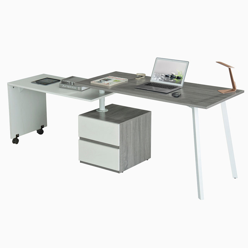 Grey and White Corner Computer Desk with Drawer and Keyboard Tray
