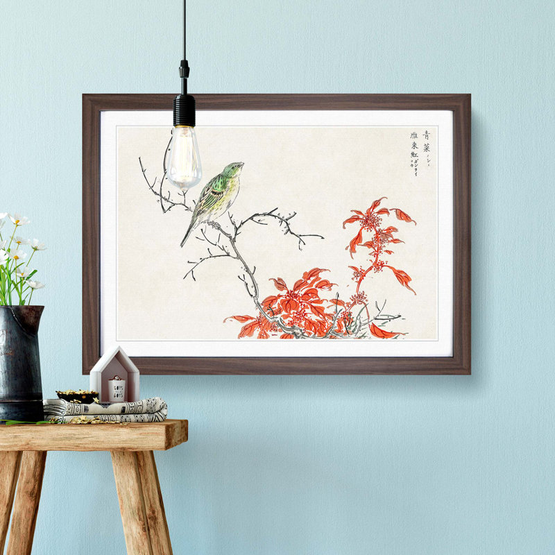 Bunting Bird & Orange Flowers by Numata Kashu - Picture Frame Art Print, Walnut Framed, 48cm H x 65cm W x 2cm D