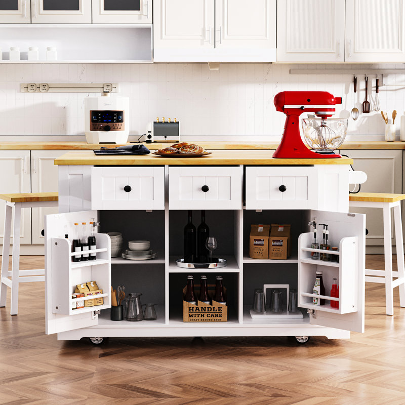 53Inch Kitchen Island Cart With Internal Storage, Power Outlet, Drop Leaf, 5, White 50 W Supply, 5 Wheels,, White