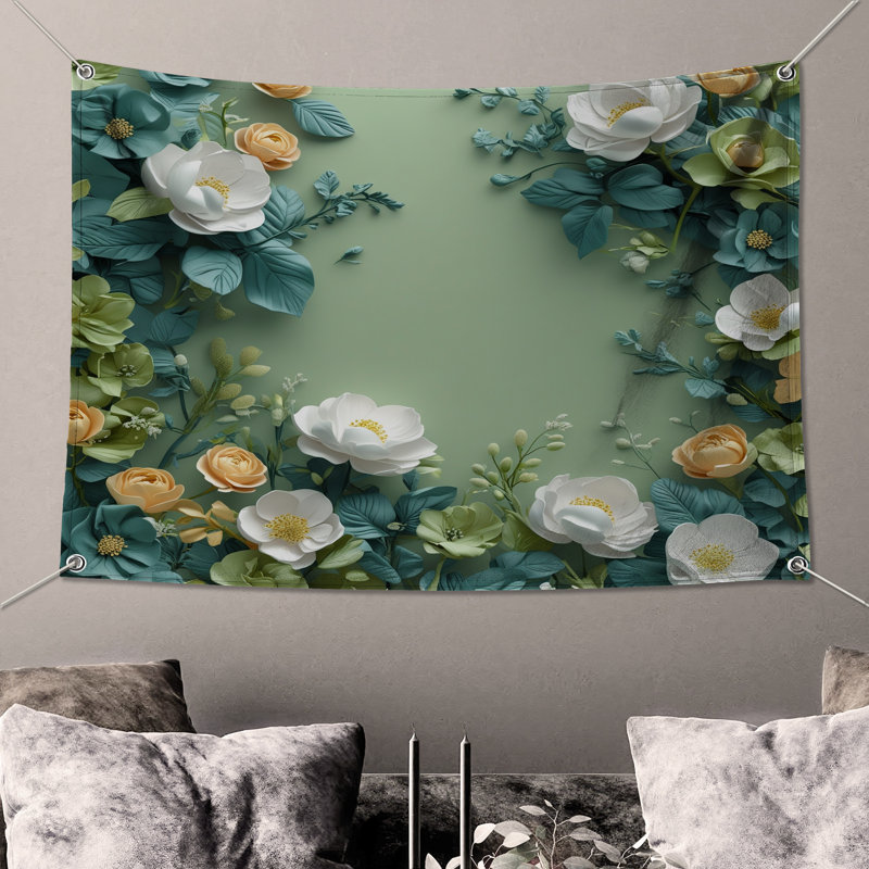 Tapisserie murale "White Roses" - Bouquet, 104in H x88 with 4 Grommets