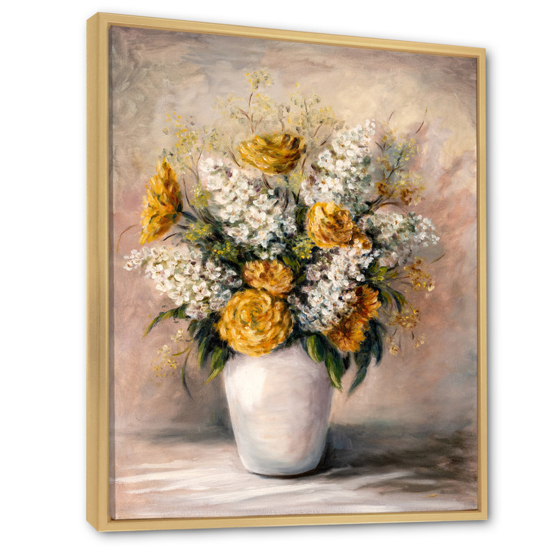 Nature morte aux fleurs jaunes et blanches III - Peinture sur toile, H 36 po x l 24 po x P 1 po
