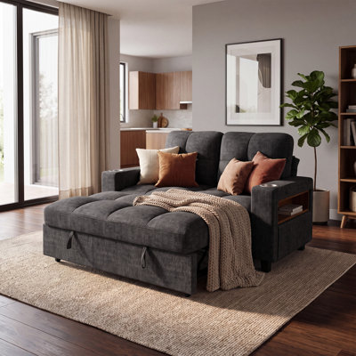 58.7" Chenille Loveseat Sleeper Sofa with Pull-Out Bed, Storage Armrests, Cup Holders, USB & Type-C Ports, Dark Gray